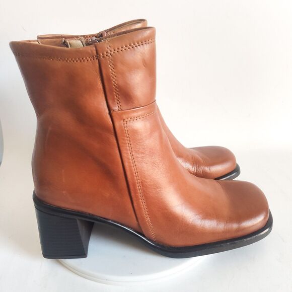 Bass Boots Size 8 90s Y2K Leather Camel Tan Square Toe Mid-Calf Vintage Womens - Picture 3 of 12